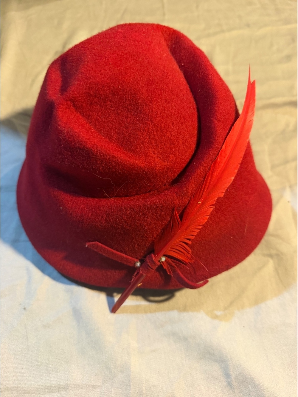 Vintage Glenover Red Wool Felt Hat with Feather Accent